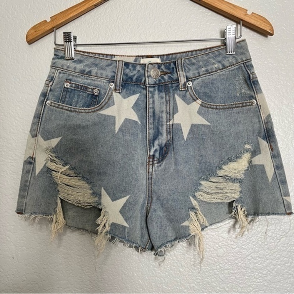 Blue Buttercup Super High Rise Distressed Denim Star Shorts